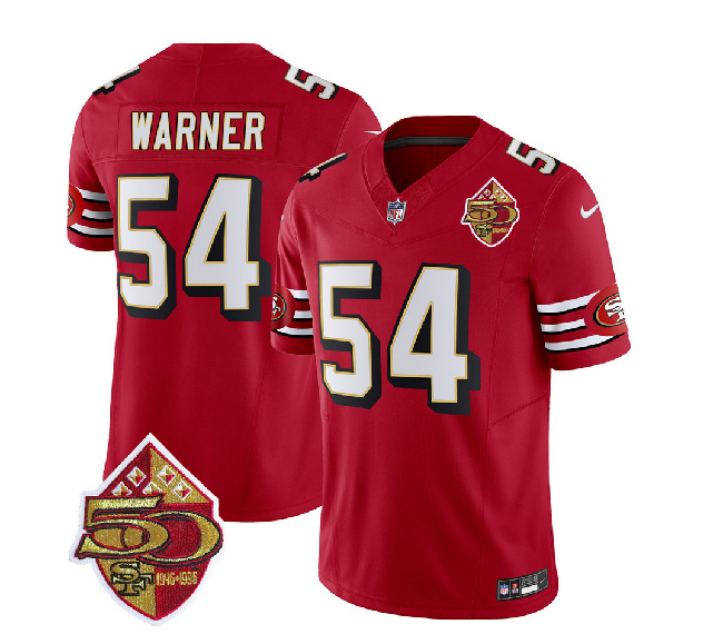 Men's San Francisco 49ers #54 Fred Warner Red 2023 F.U.S.E. 50th Patch Throwback Football Stitched Jersey